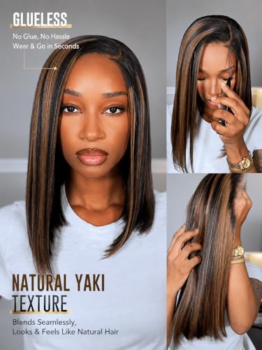 Image of Sunber Caramel Highlight Yaki Straight Bob Drawstring Wig Human Hair Side Part No Slip Glueless 7x5 Bye Bye Knots Wig Pre Cut Lace /Plucked /Bleached Knots Ready to Go Ombre Bob Wig 150 Density 12inch