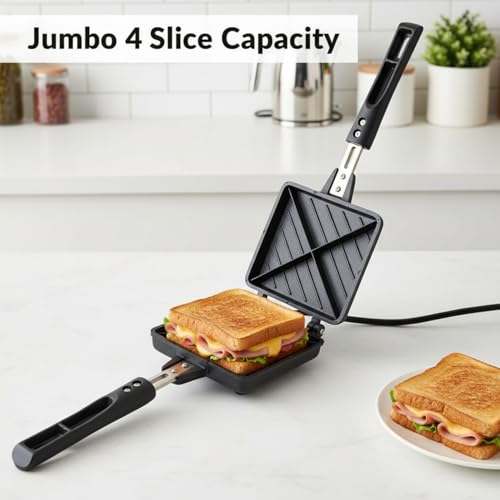 Image of Sandwich Maker for Gas Stove Non Stick | Jumbo Grill Sandwich Toaster | Crispy Toasted Bread Sandwich Maker | Heat Resistant Handle | Black (Jumbo 4-Cut Sandwich Toaster)