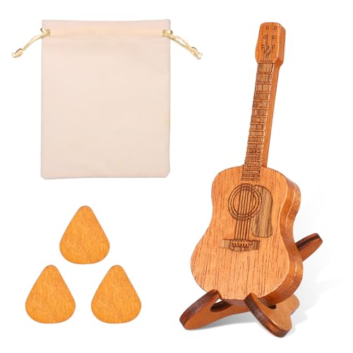 lasuroa Plektrumbox aus Holz, Plektrumhalter Plektrumetui für Akustikgitarre Plektrumständer mit 3 Plektren und Ständer für Liebhaber von Gitarre E-Bass und Ukulele (Beiger Geschenkbeutel Kordelzug)