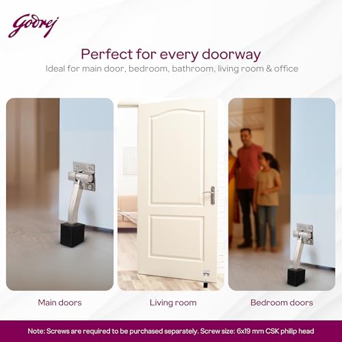 Image of Godrej Door Fittings | Door Stopper for Home with Rubber (Pack of 2, Satin Steel) | Rubber Stopper with Click Action | 180 Swing Control | Heavy Duty Stopper for Home, Office & Hotel