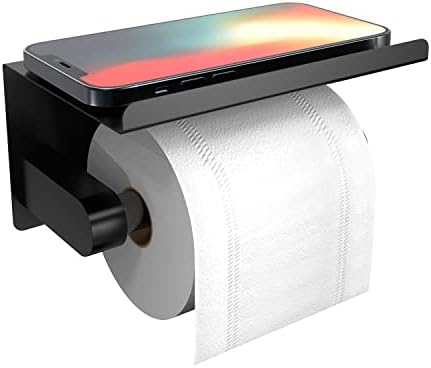 Self Adhesive Toilet Paper Holder with Phone Shelf, Wall Mounted Toilet Paper Roll Holder, Rustproof Bathroom Washroom Tissue Roll Holder with Shelf, Toilet Paper Roll Dispenser- Matte Black