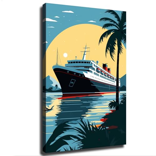Cruise Ship Ocean Liner Vintage Travel Illustration Tropical Beach Canvas Wall Prints poster Modern Home Aesthetic Decor Wall art for Bedroom Dorm (12×18inch_Unframed)