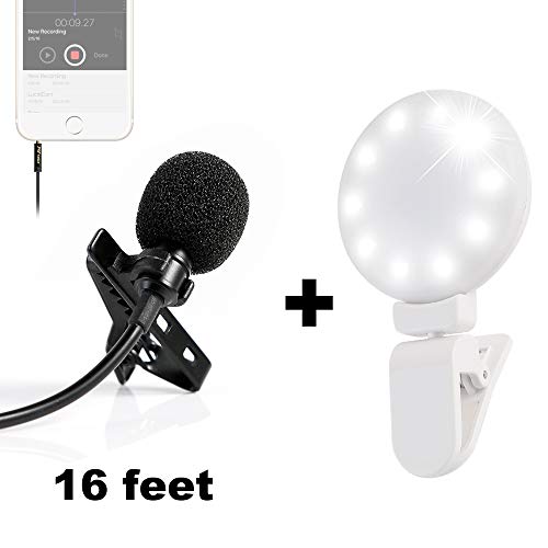 PoP voice 16 Feet Lavalier Lapel Microphone Omnidirectional Condenser Mic with Fill Light