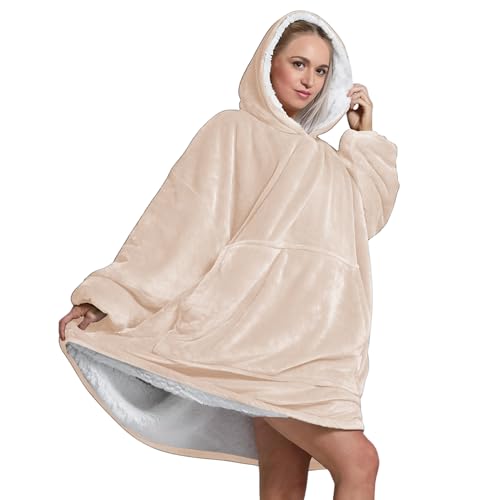 Oversized Wearable Hoodie Blanket Ultra Soft Sherpa Fleece Oodies Reversible Warm & Cozy Giant Hooded Blanket Sweatshirt Large Front Pocket - Gift One Size Fits For All (Solid Color, Beige)