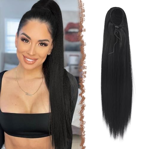 FESHFEN Coleta Postiza Pelo Liso, 70 cm Cola de Caballo Extension Cordón Larga Lisa Extensión Pelo Coleta Negro Natural Sintética Ponytail Drawstring Extensiones Postizos para Mujeres