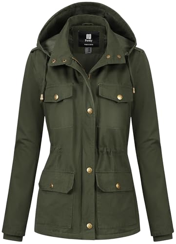 Pursky Women's Cotton Anorak Lightweight Military Jacket Warm Utility Casual Coat With Removable Hood