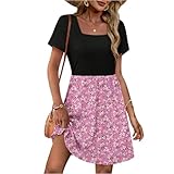 Strandkleid Damen Luftig,Sommerkleid Damen Knielang Sommer Kurzarm Kleid Vintage Boho A Linie Kleider Rundhalsausschnitt Elegant Strandkleid(Pink,M)