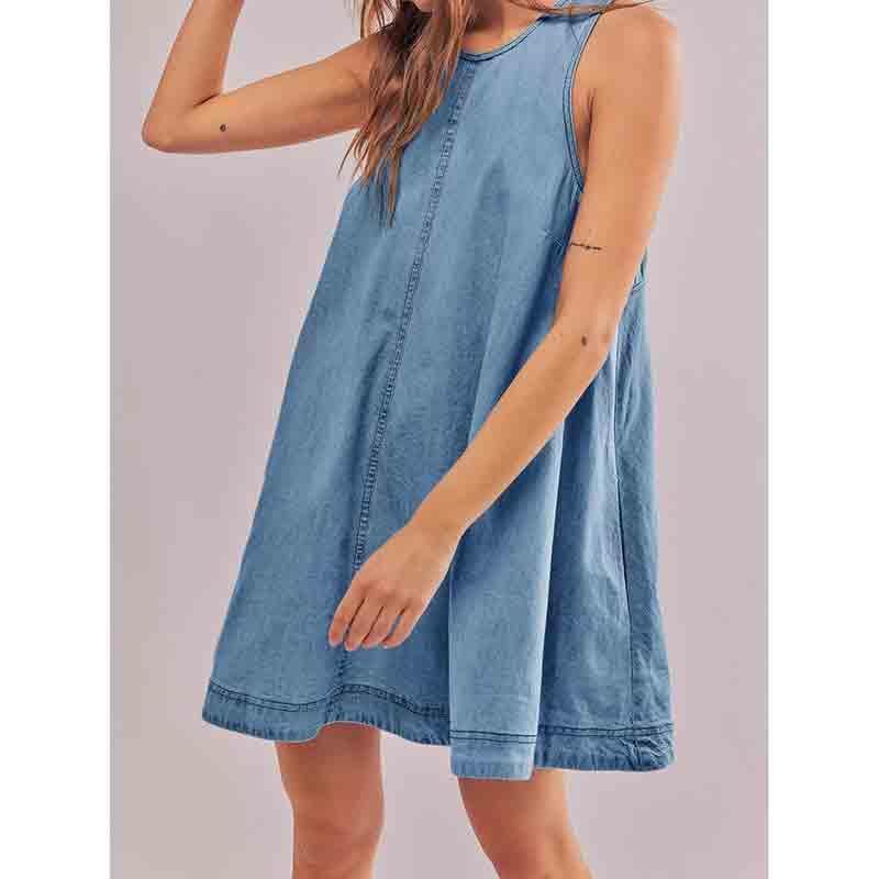 Women's Sleeveless Backless Denim Dress Solid Color Loose Casual Short Skirt Denim Skirt4