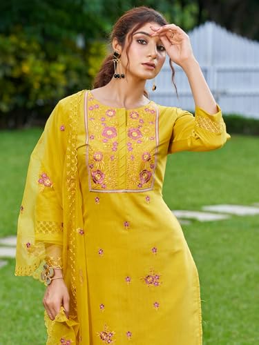 Image of INDO ERA Women's Silk Blend Straight Kurta and Pant with Dupatta Set