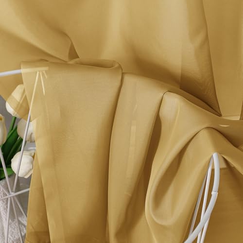 Image of Chyhomenyc Sheer Valances for Windows 2 Pack, Small Window Curtains for Living Room Bathroom Cafe Laundry Basement, Modern Top Dual Rod Pocket Voile Curtain, 42W x 18L inches, Gold