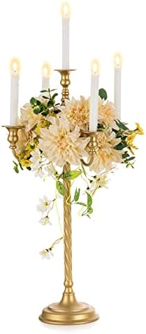 Nuptio Candelabra Candle Holder Floor Candle Holders Gold Candlestick Holders 28 in 5 Arm Candelabras Vintage Taper Candle Holders Tall Flower Holders Table Centerpiece for Wedding Party Room Decor