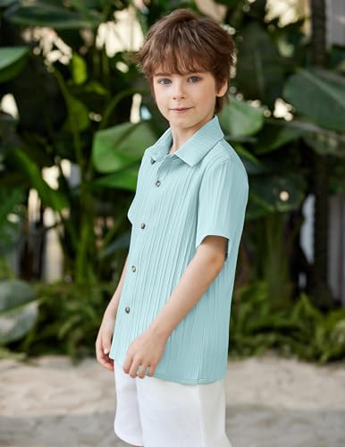 Image of Arshiner Boys Casual Short Sleeve Button Down Shirt Fashion Textured Summer Beach Shirt 3-13 Years Old