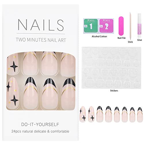 Vaveah 24 Pcs Press On Nails Medium, Acrylic Stiletto Fake Nails With Stars, False Nails With Nail Glue On Nails For Women (Black French And Stars) #TOP5