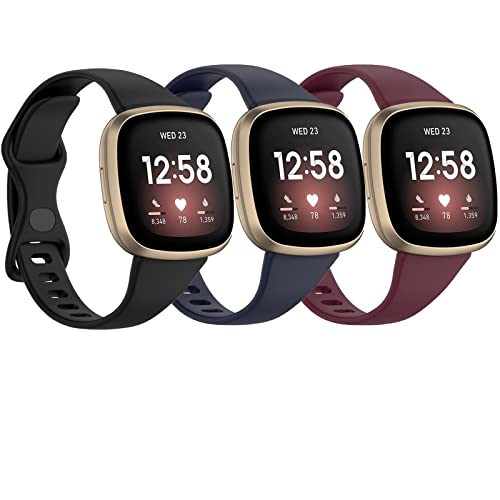 [3 PACK] Silicone Slim Band Compatible with Fitbit Versa 4 Bands Women Men, Soft Narrow Sport Strap Wristbands for Versa 4/Versa 3/Sense 2/Sense (Large, Black & Dark Blue & Wine Red)
