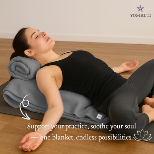 Image of Yogikuti Cotton Iyengar Yoga Blanket | Soft Breathable Yoga Support Blanket for Restorative & Iyengar Yoga, Meditation, Pranayama Practice | Yoga Accessories & Props (Grey)