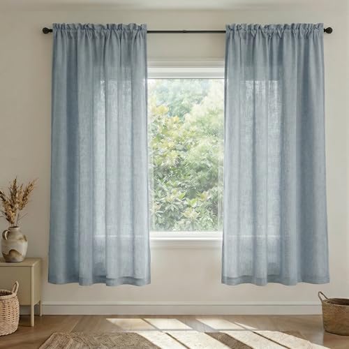 Mrs.Naturall Dusty Blue Linen Curtains, Stone Blue Gray Rod Pocket Light Filtering Semi Sheer Drapes for Nursery Boy Bedroom Kids Room Living Room, 63 Inch Length 2 Panel Set by Mrs.Naturall - Used condition - US$15.46