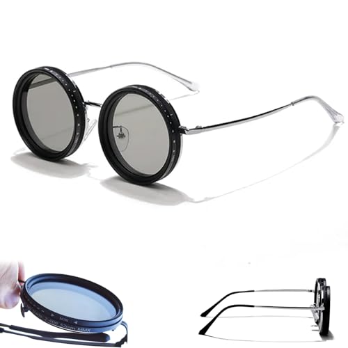 Nexx Eyewear Adjustable Sunglasses, Adjustable Tint Sunglasses with Built-in ND Filter, 1-9 Gears Rounded Polarized (Black + White Glasses Leg Cover)