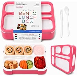 kinsho Bento Box Lunch Containers for Kids Girls Toddlers Women, 6 Compartment Portion Control Kit, Meal or Snack Boxes for School Daycare Work Travel, BPA Free, Utensils, Pink