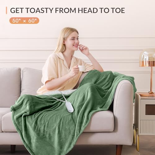 Image of HOMLYNS LuxeHeat Heated Blanket Electric Blanket, Soft Flannel Sherpa Heated Throw, Heating Blanket with 5 Heat Settings, 3 hrs Timer Auto Shut Off (50x60 inches, Green), Only for 120V Voltage Use