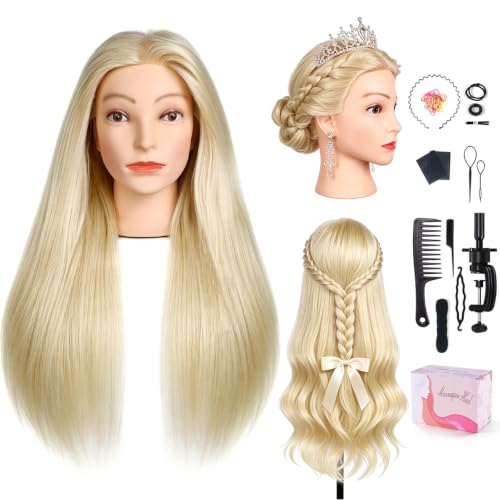 90% Human Hair Mannequin Head,26''Beige Blonde Real Hair Mannequin Head,Cosmetology Manikin Head Doll Hair Styling Hairdressing Practice Training Wig Head with Clamp Holder and Tools