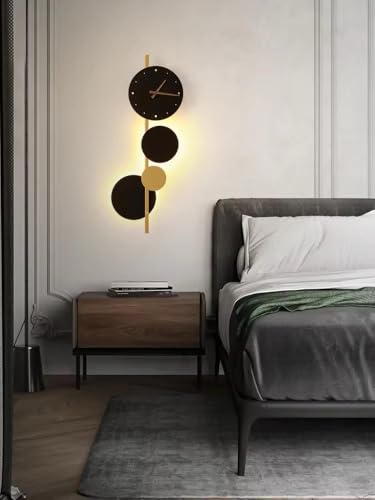 Image of blissbells Modern Abstract Wall Light with Integrated Clock, Minimalist Design in Black and Gold (Clock and Circles)