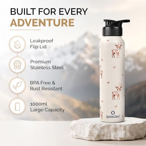 Image of Speedex Stainless Steel Printed Water Bottle 1 Ltr 1000 ml, BIS Approved, Leak Proof Sipper Cap Bottle for Office, School, Travel, Daily Use for Men, Women, Kids, Adults, Baby Deer, Set of 3