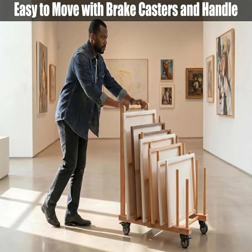 Image of Art Storage Rack with Brake Caster Wheels,Art Drying Rack Wooden Storage Rack for Canvas Frames,Drawing Board Prints,Paper Pads,Perfect for Studios,Galleries, Museums, Art Venues (Large)