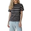 Women Y2K Striped Casual T-Shirt Short Sleeve Crew Neck Loose Fit Vintage Gothic Tee Contrast Color Fairy Grunge Baggy Top (Blue A, L) #5
