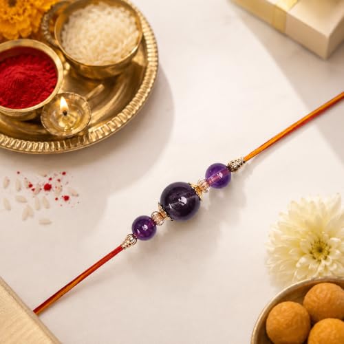 Image of Shubhanjali Crystal Beads Rakhi for Brother | Handmade Healing Crystal Stone Designer Rakhi for Bhaiya | Raksha Bandhan Gift Set with Roli Chawal, Kumkum, Greeting Card & Potli
