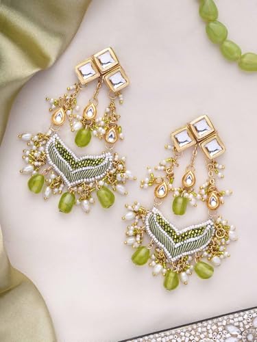 Image of SANJOYA by EVERSTYLISH Kundan Earrings for Women | Polki & Green Beaded Statement Dangler Earrings | Ethnic Jewelry for Weddings, Festivals & Special Occasions