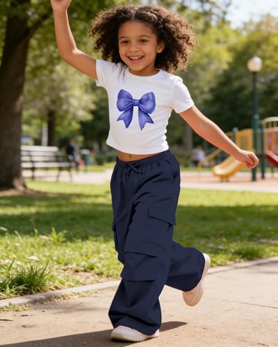 Image of Betusline Girls 2 Piece Outfits Short Sleeve Crop Top & Parachute Cargo Pants Set,4T-14 Years