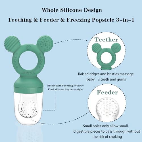Image of Baby Fruit Feeder, Frozen Teething Toys, Teether Pacifier with 3 Extra Teats, Infant Eating Essentials, BPA Free Baby Feeding Supplies (Grass Green)