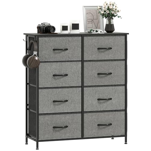 HOMCOM Cassettiera doppia per camera da letto con 8 cassetti in tessuto, cassettiera alta con 4 tasche, 2 ganci e struttura in acciaio per soggiorno, corridoio, grigio antracite