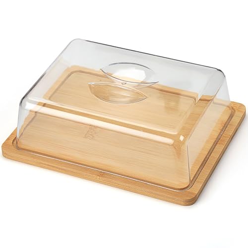 Mantequillera de bambú con tapa, 24 x 18,5 cm, redonda, Compatible with guardar queso, de plástico PS transparente y bambú natural.