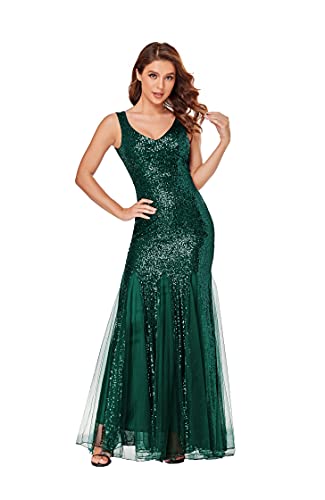 Generic Women s Prom Dresses Long Mermaid Evening Dresses Sequins Party Dress V Neck Military Ball Gown Dark Green, L