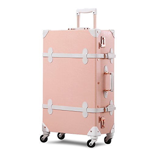 Unitravel Retro Suitcase 26 inch Vintage Rolling Trolley Luggage for Women Girls (Peach Pink)
