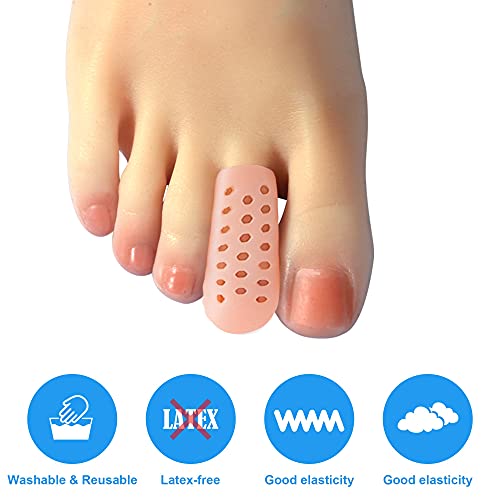 Image of Hoogoo Gel Middle Toe Caps, 10 Pcs Beige Breathable Toe Protector Toe Cover Sleeves with Holes, Provides Relief from Corns, Blisters, Hammer Toes, Reduce Friction