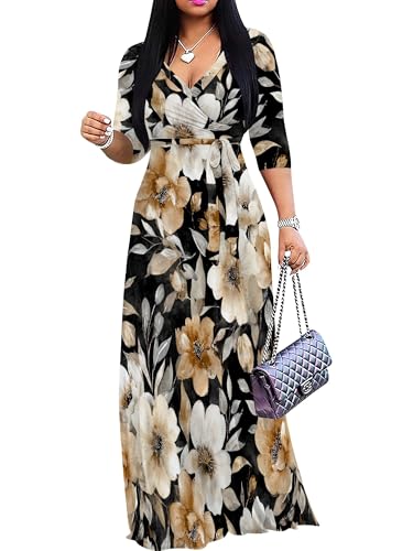 Image of Women's V Neck Floral Maxi Dress 3 /4 Sleeve Plus Size Boho Wrap Flowy Long Dresses with Belt