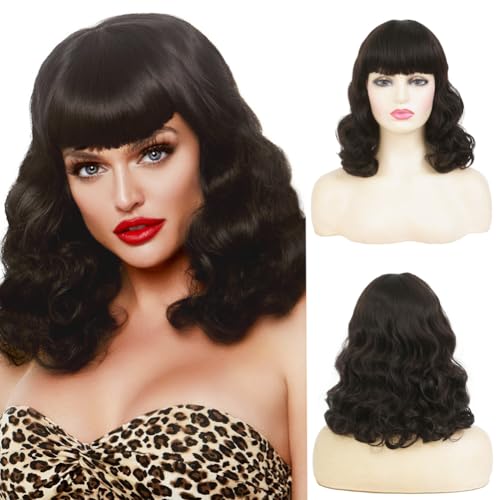 Dai Cloud Women Short Black Finger Wave Wigs with Bangs 1920s Curly Synthetic Flapper Wig Heat Resistant Vintage Halloween Cosplay Costume Hair Wig