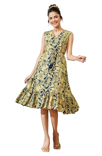 Image of Janasya Women's Cotton Ethnic Motifs Flared Western Dress