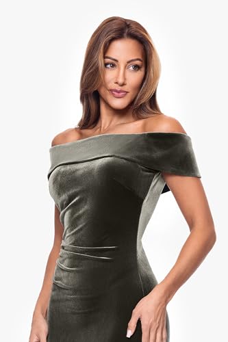 Image of Xscape Women's Velvet Off-The-Shoulder Popover Maxi Dress with Zippered Back Closure, Moss, 16