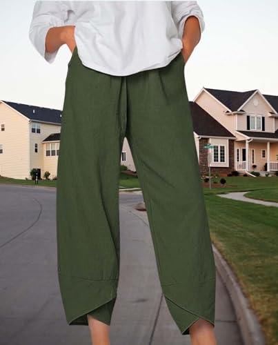 Boho Capri Pants for Women 2025 Summer High Elastic Waist Wide Leg Trousers Casual Plus Size Comfy Pant with Pockets3