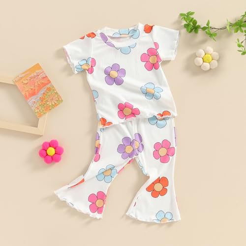 Image of Ayalinggo Baby Girl Summer Outfits Short Sleeve Lettuce Trim Floral Tops + Shorts Set Infant Clothes