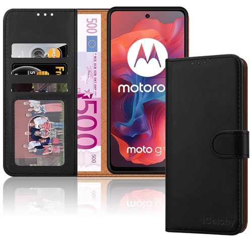 iCatchy Case for Motorola Moto E14 / G04 / G24 Leather Wallet Book Flip Stand View Magnetic Protect RFID Blocking Shockproof Cover compatible with Motorola G04 / E14 Phone (Black) - Image 6