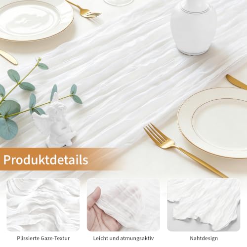 3 Stück Käsetuch Tischläufer Weiß, 300 x 90 cm Boho Gaze Tischläufer Cheesecloth Läufer für Hochzeit, Geburtstagsfeiern… – Ansicht 4