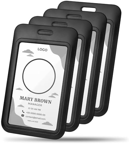 4 Pack Sliding ID Card Holder Plastic Vertical ID Badge Holder Hard Black Card Protector with Clear Window for Office School Driver’s Licenses and Key Cards