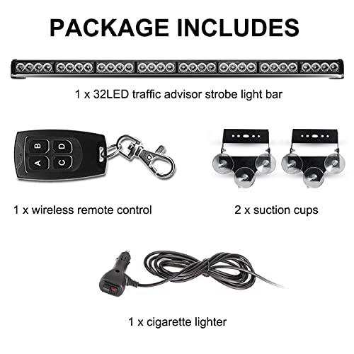 Teddytt 32 Led 35.5" High Intensity Hazard Emergency Warning Blue Red Traffic Advisor Flash Strobe Directional Light Bar With Wireless Remote Control (Blue Red, 35.5'') #TOP3