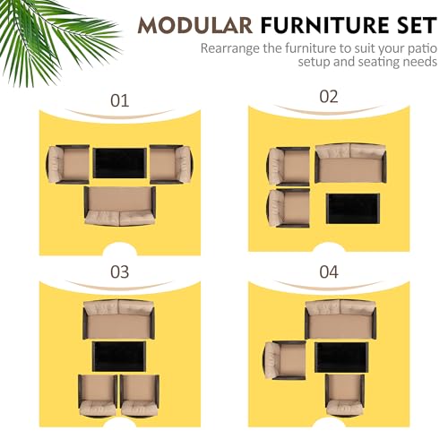 Shintenchi 4 Piece Patio Furniture Set, Outdoor Rattan Conversation Set with Coffee Table, Outside Wicker Sectional Sofa Couch with Cushion, Brown and Khaki - Thumbnail 6