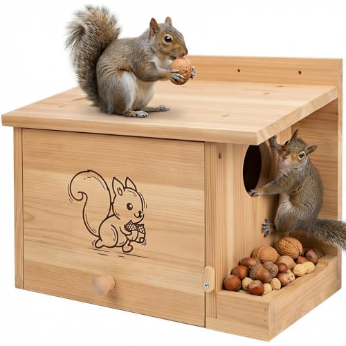 Extra Large Squirrel House 15.7 - Anti-Predator Nest Box with External Feeder Carbonizedpine woodOutdoor Squirrel Shelter 2-in-1 Backyard Wildlife Habitat for Tree or Fence Mount