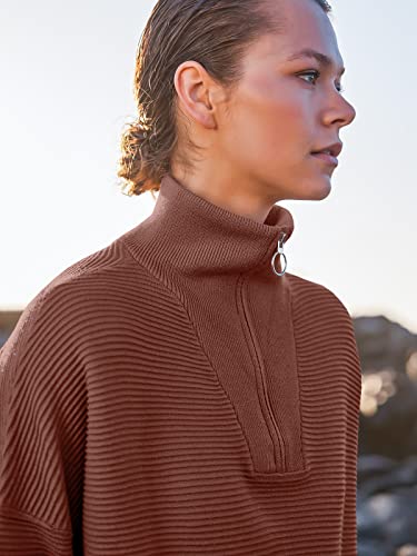 Anrabess Women's 2022 Fashion Quarter Zipper V Neck Collared Oversized Ribbed Knit Pullover Sweater Top 802Xiuhong-S Rust #TOP5